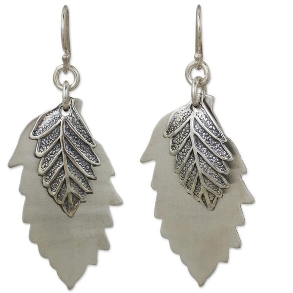 Alternate image for Double 925 Sterling Silver Leaves Artisan Crafted Earrings Leaf Shadows