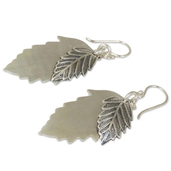 Alternate image for Double 925 Sterling Silver Leaves Artisan Crafted Earrings Leaf Shadows