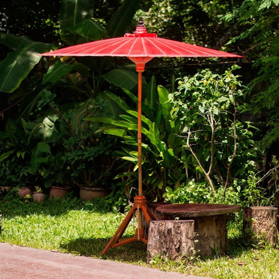 Bright Red Decorative Outdoor Umbrella from Thailand 'Happy Garden in Scarlet'