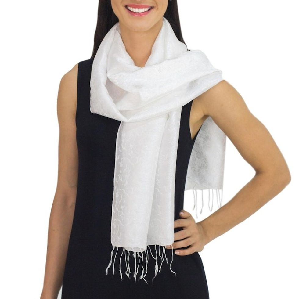 Floral Ivory Rayon Blend Scarf from Thailand 'Ivory Bouquet'