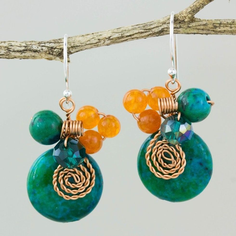 Green Quartz and Serpentine Bead Dangle Earrings with Copper 'Moonlight Garden in Green'