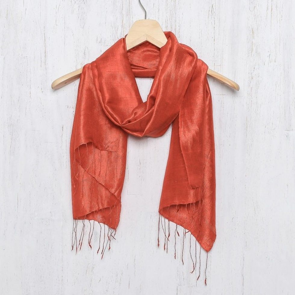 Hand Woven Fringed Silk Scarf in Vermilion from Thailand 'Otherworldly in Vermilion'