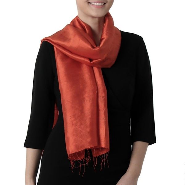 Alternate image for Hand Woven Fringed Silk Scarf in Vermilion from Thailand Otherworldly in Vermilion