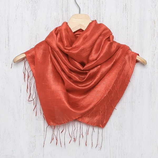 Alternate image for Hand Woven Fringed Silk Scarf in Vermilion from Thailand Otherworldly in Vermilion