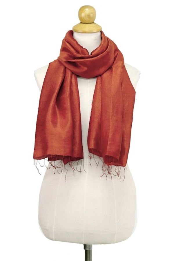 Alternate image for Hand Woven Fringed Silk Scarf in Vermilion from Thailand Otherworldly in Vermilion