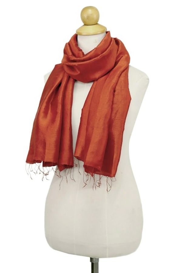 Alternate image for Hand Woven Fringed Silk Scarf in Vermilion from Thailand Otherworldly in Vermilion
