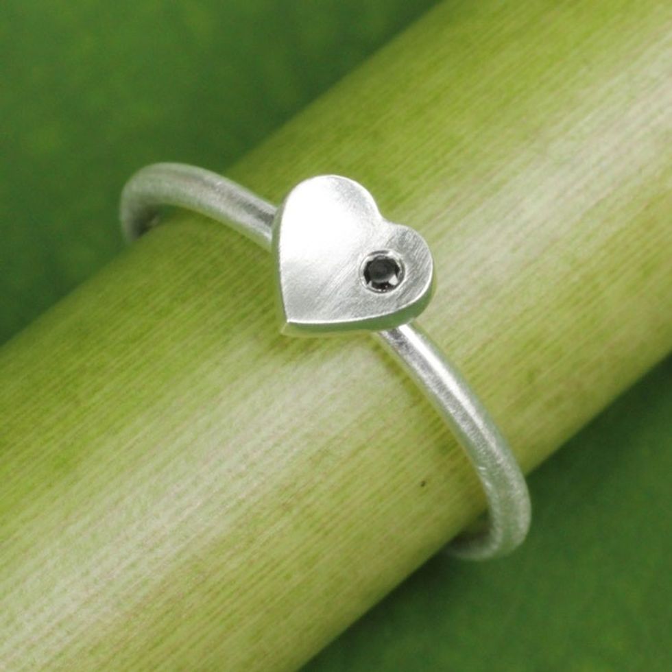 Handmade Brushed Sterling Silver and Onyx Heart Ring 'The Heart'