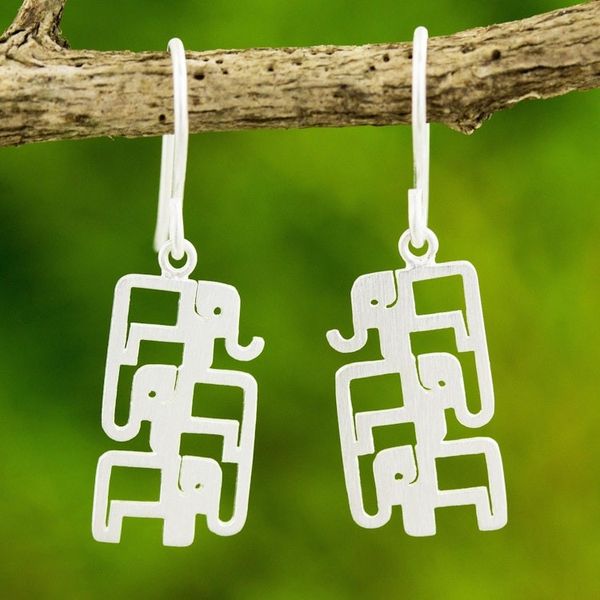 Alternate image for Brushed Sterling Silver Three-Elephant Dangle Earrings Elephant Pyramid