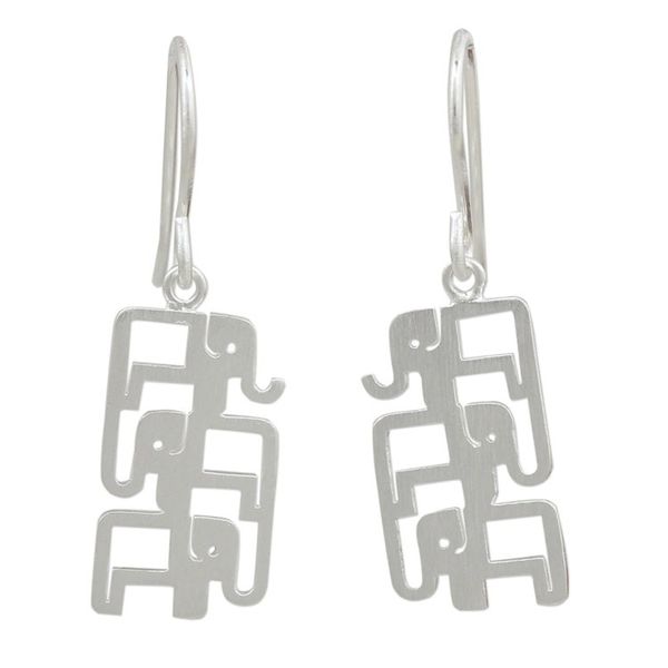 Alternate image for Brushed Sterling Silver Three-Elephant Dangle Earrings Elephant Pyramid