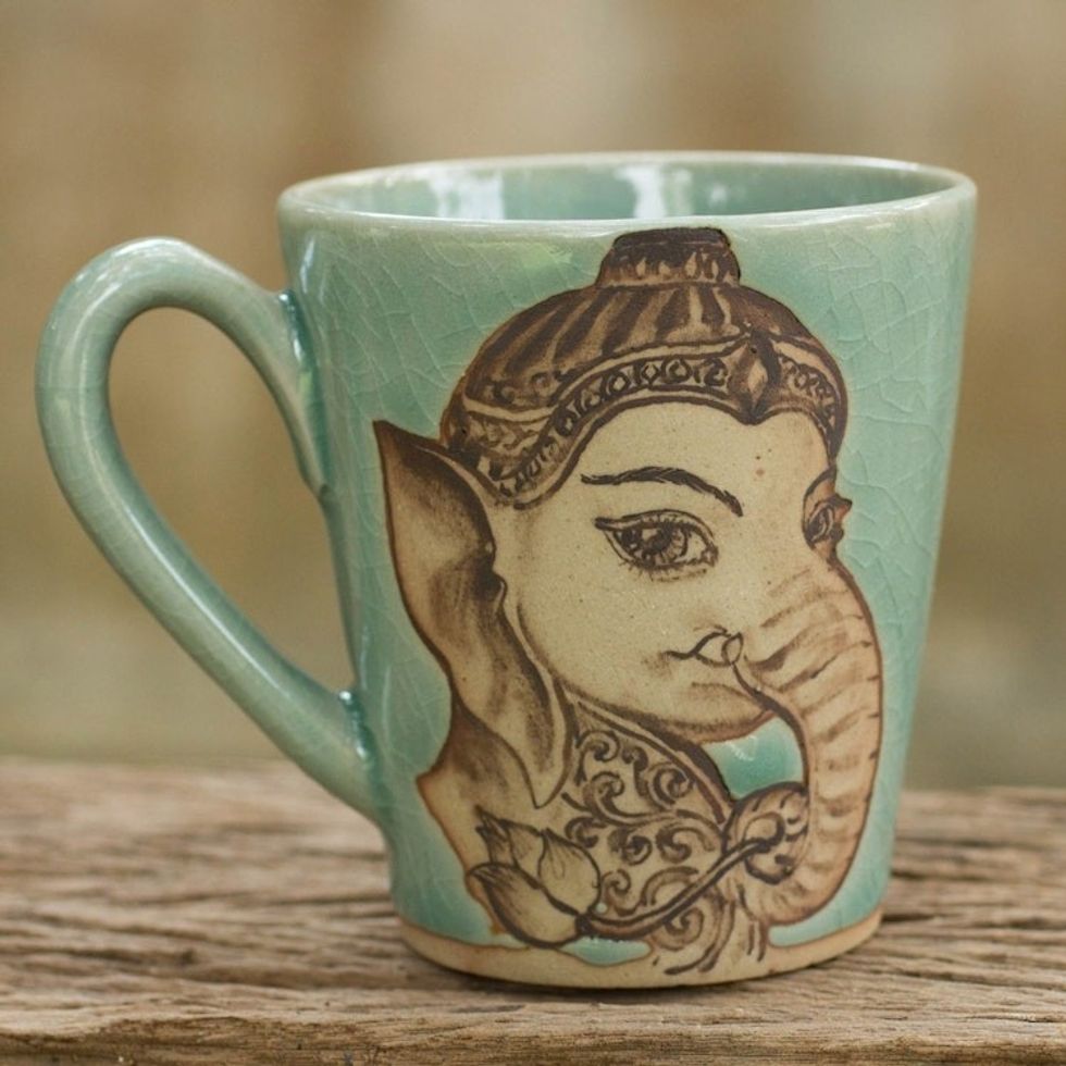 Aqua Celadon Ceramic Mug with Handpainted Ganesh 'Baby Ganesh'