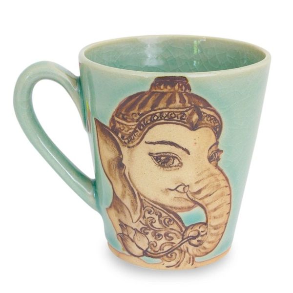 Alternate image for Aqua Celadon Ceramic Mug with Handpainted Ganesh Baby Ganesh