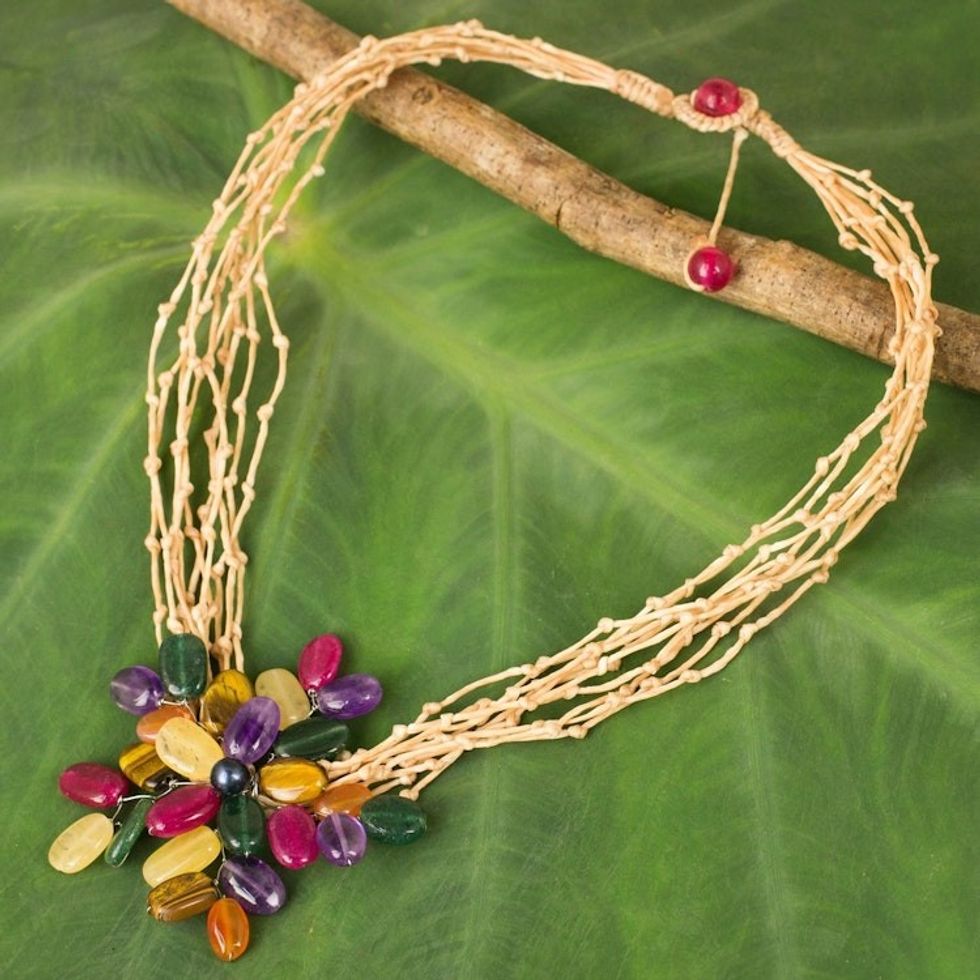 Colorful Flower Pendant Necklace on Waxed Beige Cords 'Twigs and Flowers'