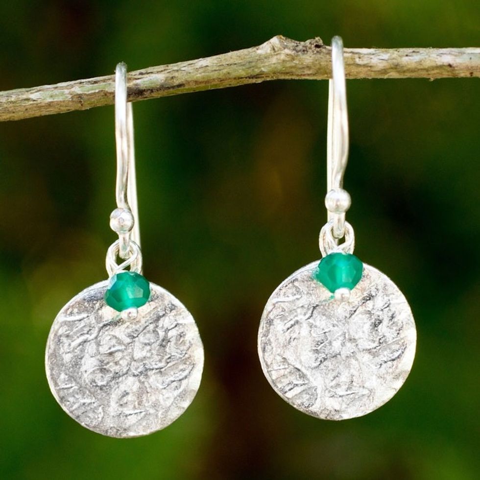 Sterling Silver Artisan Crafted Earrings with Green Onyx 'Green Harvest Moon'