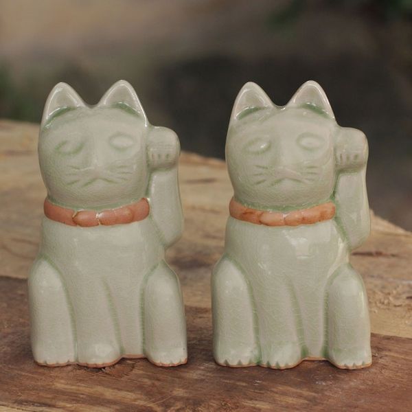 Alternate image for Lucky Cat Thai Celadon Ceramic Figurines in Green Pair Lucky Green Cat