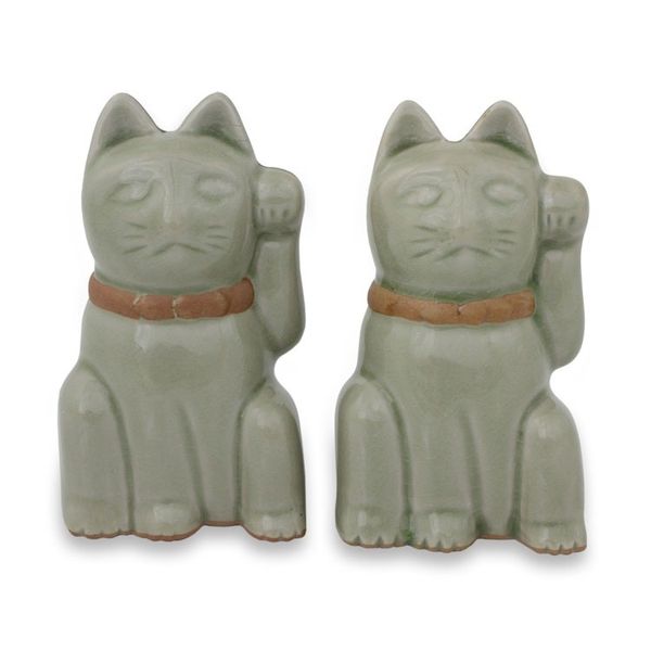 Alternate image for Lucky Cat Thai Celadon Ceramic Figurines in Green Pair Lucky Green Cat