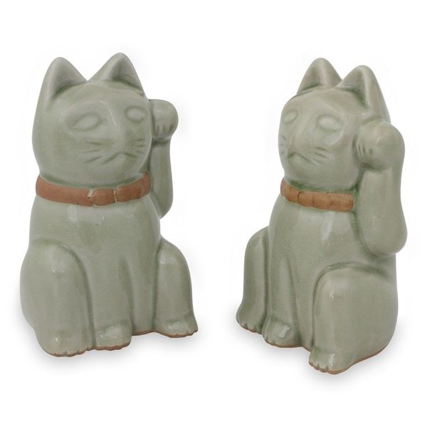 Alternate image for Lucky Cat Thai Celadon Ceramic Figurines in Green Pair Lucky Green Cat