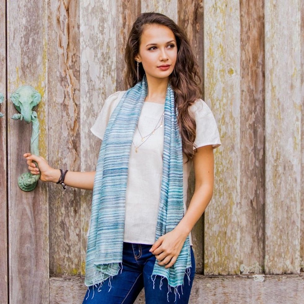 Hand Spun Silk Scarf Woven in Teal and Green 'Teal Iridescence'