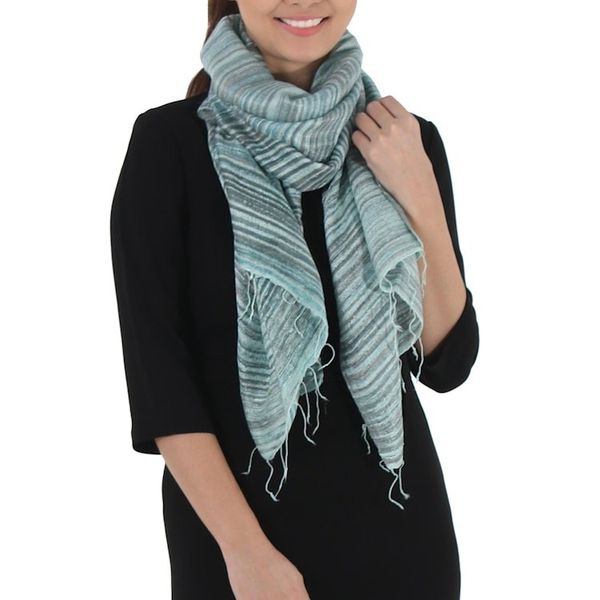 Alternate image for Hand Spun Silk Scarf Woven in Teal and Green Teal Iridescence