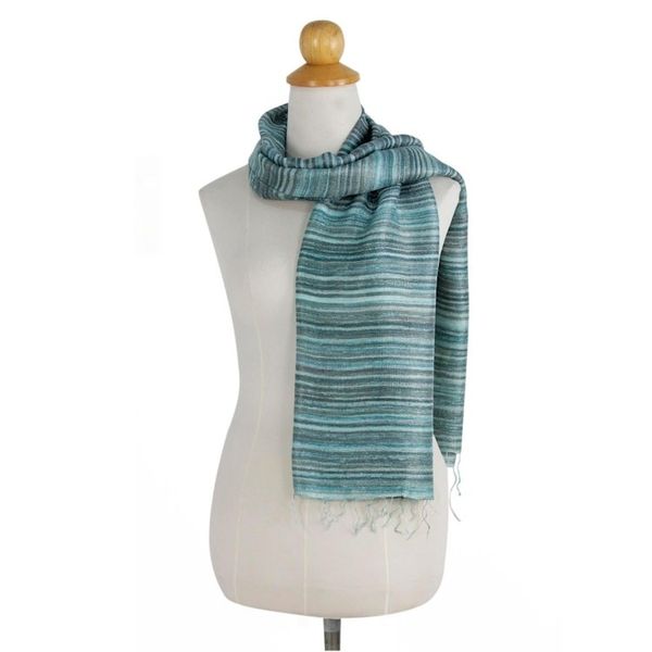 Alternate image for Hand Spun Silk Scarf Woven in Teal and Green Teal Iridescence