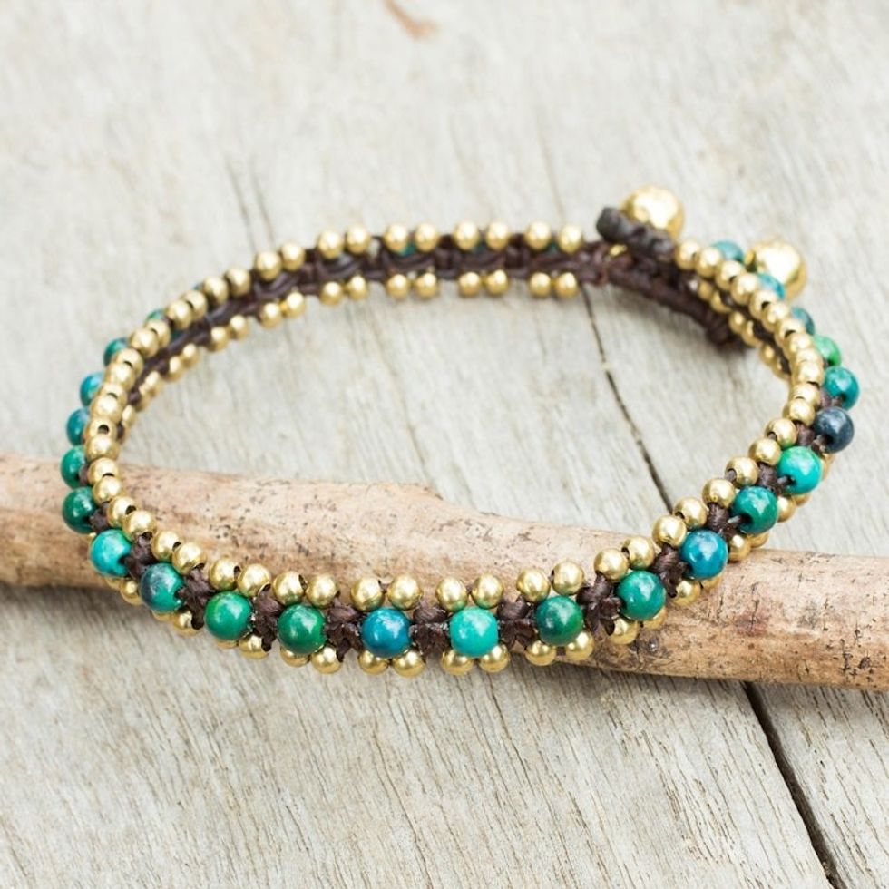 Hand Crocheted Serpentine Anklet with Brass Beads and Bells 'Tinkling Bells'