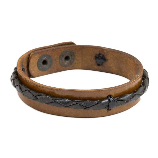 Alternate image for Artisan Crafted Black and Brown Leather Wristband Bracelet Fantasy Brown