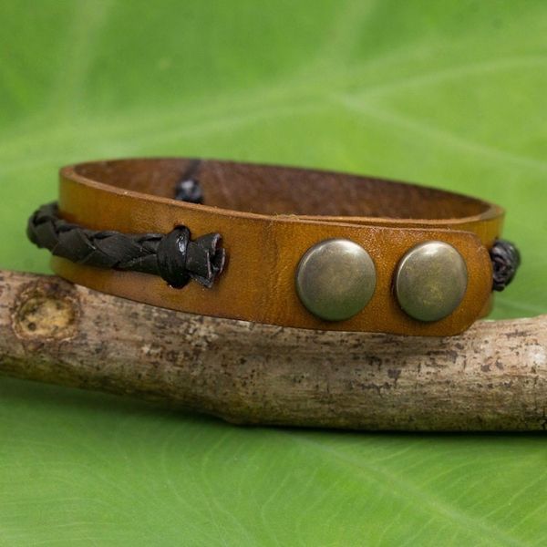 Alternate image for Artisan Crafted Black and Brown Leather Wristband Bracelet Fantasy Brown
