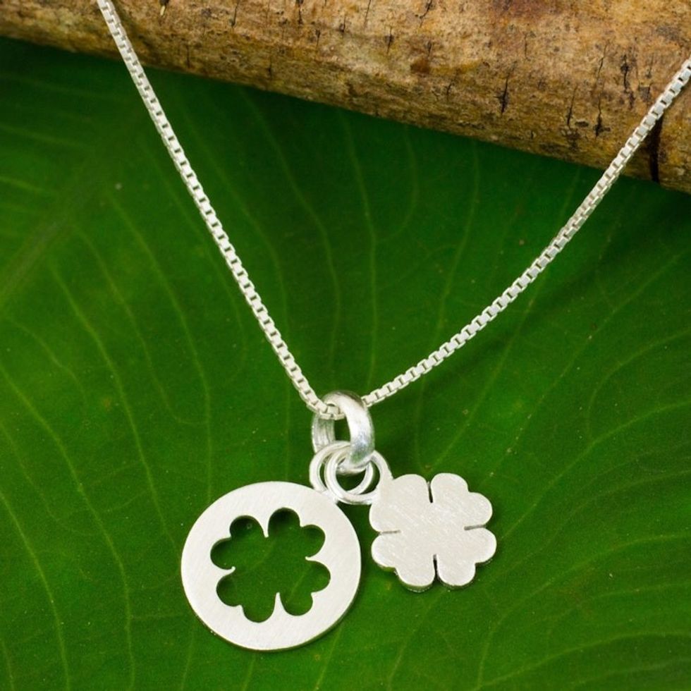 Thai Brushed Sterling Silver Lucky Clover Pendant Necklace 'Four Leaf Clover'