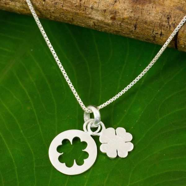 Alternate image for Thai Brushed Sterling Silver Lucky Clover Pendant Necklace Four Leaf Clover