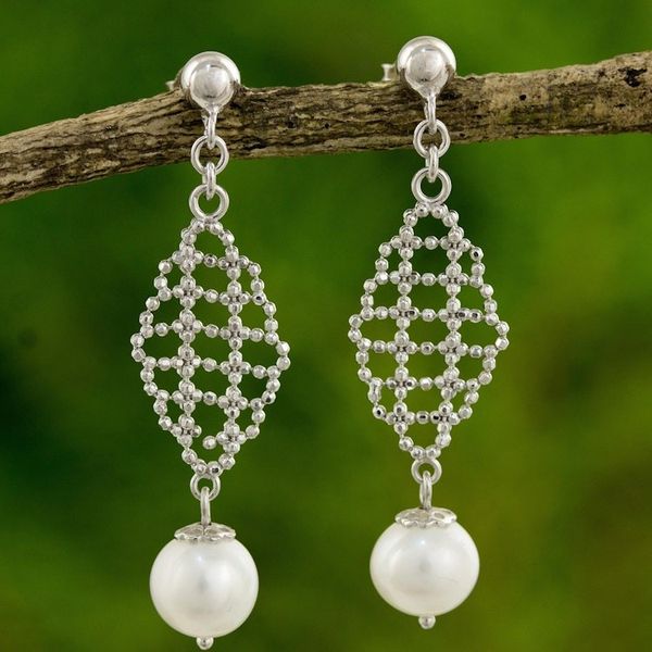 Alternate image for White Pearls on Artisan Crafted 925 Sterling Silver Earrings White Rose Mist