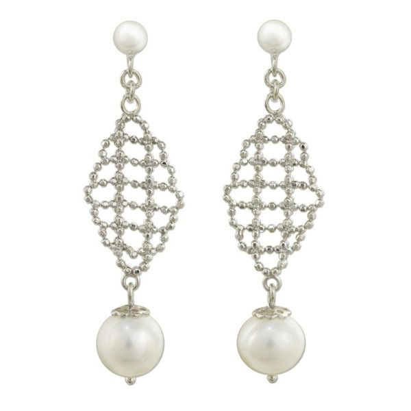 Alternate image for White Pearls on Artisan Crafted 925 Sterling Silver Earrings White Rose Mist