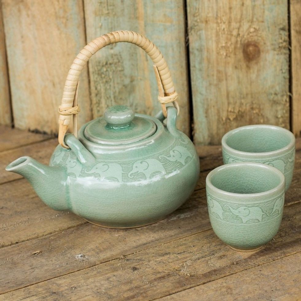 Handmade Tea Set Made of Green Celadon Ceramic Set for 2 'Warm Elephants'