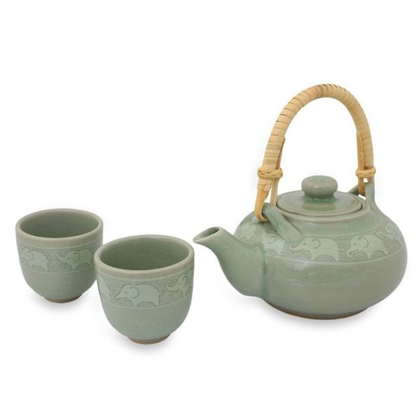 Alternate image for Handmade Tea Set Made of Green Celadon Ceramic Set for 2 Warm Elephants