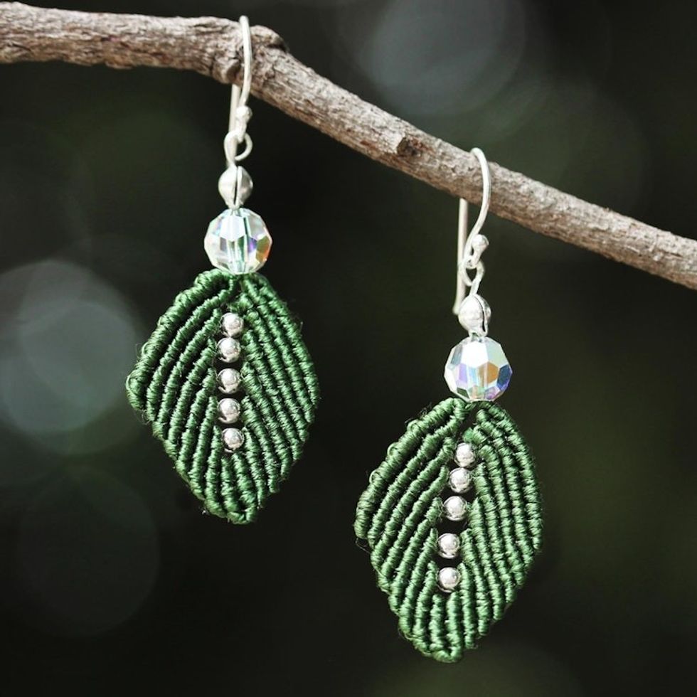 Silk and Glass Beaded Dangle Earrings in Olive from Thailand 'Sparkling Leaves in Olive'