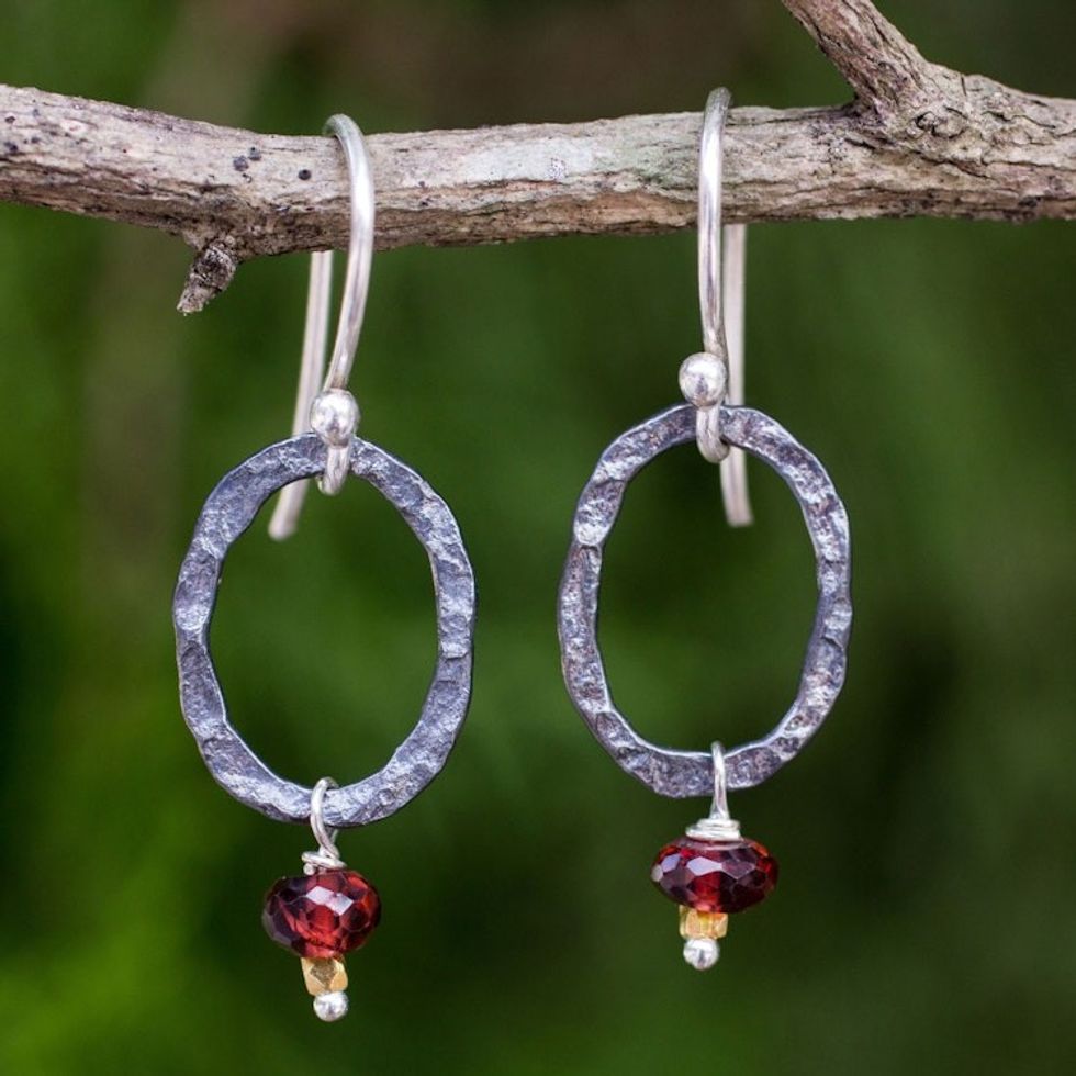 Garnet Dangle Earrings with Oxidized Silver and 24k Gold 'Forged in Passion'