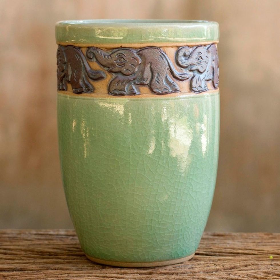 Celadon Ceramic Elephant Handleless Teacup from Thailand 'Elephant Parade'