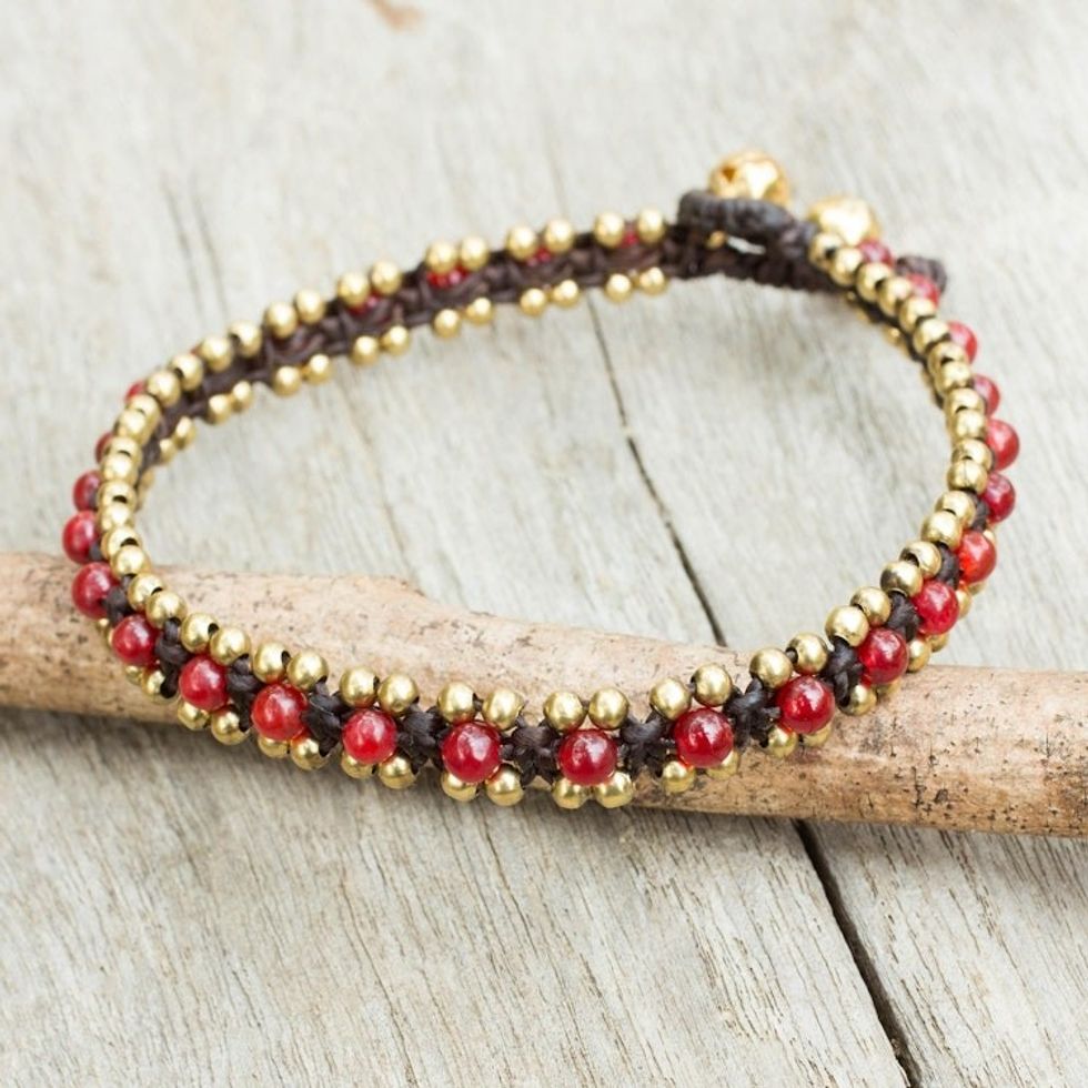 Red Quartz Hand Crocheted Anklet with Brass Beads and Bells 'Tinkling Bells'
