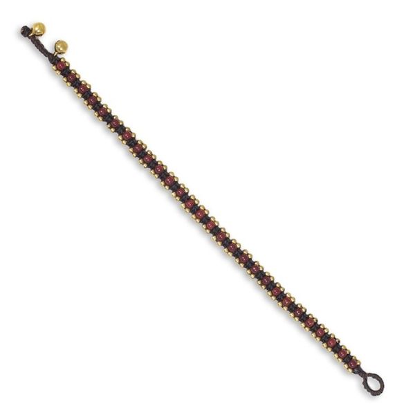 Alternate image for Red Quartz Hand Crocheted Anklet with Brass Beads and Bells Tinkling Bells