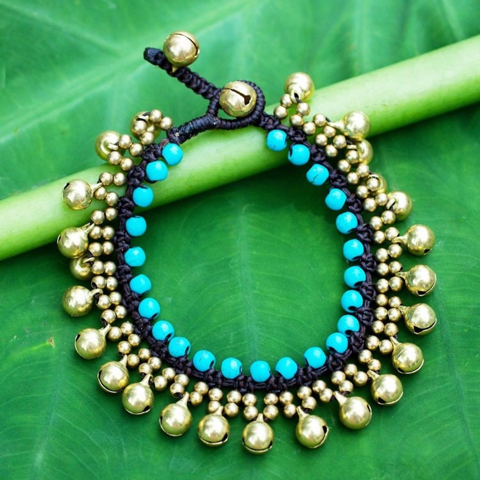 Handcrafted Turquoise Blue Calcite and Brass Bracelet 'Summer Bells'