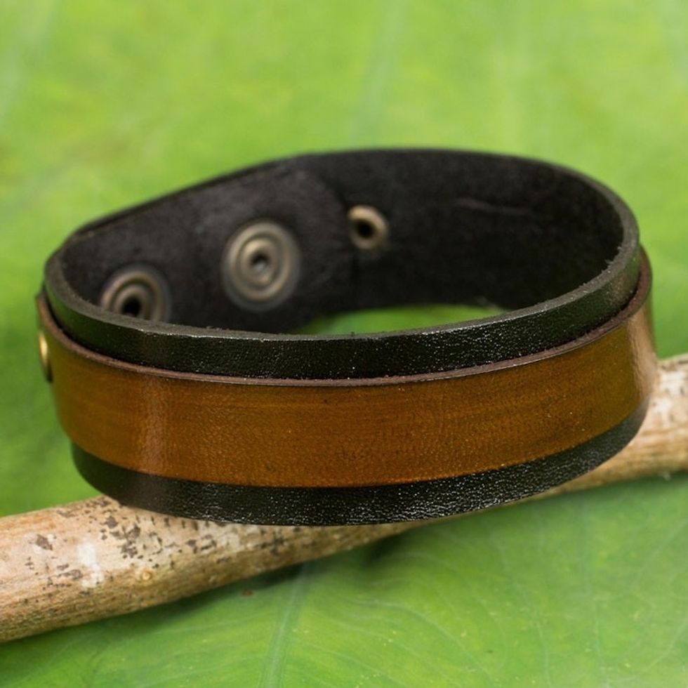 Unisex Leather Bracelet in Black and Brown with Brass Snaps 'Rough and Tumble in Black'