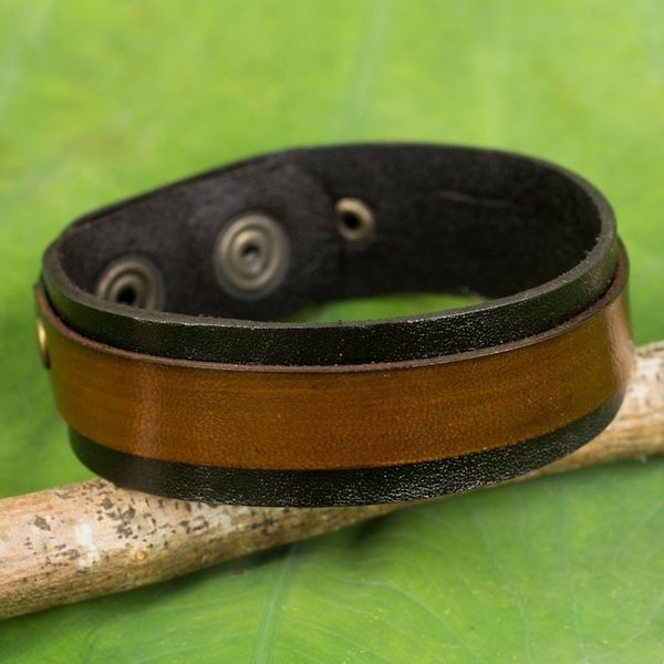 Alternate image for Unisex Leather Bracelet in Black and Brown with Brass Snaps Rough and Tumble in Black