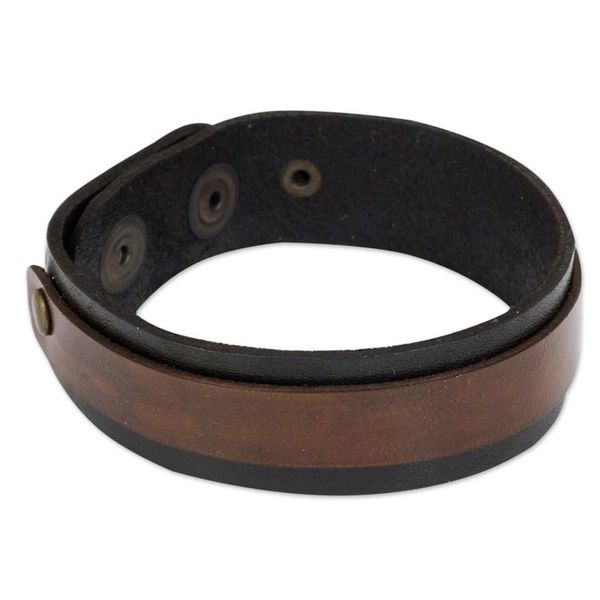 Alternate image for Unisex Leather Bracelet in Black and Brown with Brass Snaps Rough and Tumble in Black