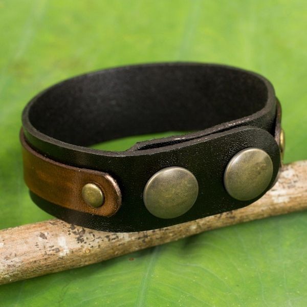 Alternate image for Unisex Leather Bracelet in Black and Brown with Brass Snaps Rough and Tumble in Black