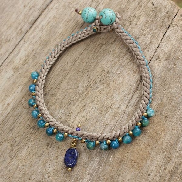 Alternate image for Lapis Lazuli and Agate Braided Bracelet with Brass Beads Mae Sa Cascade
