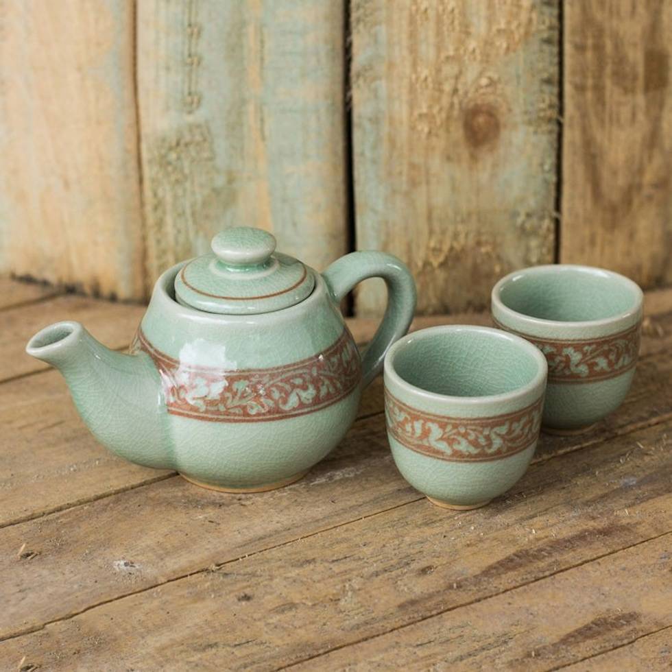 Artisan Crafted Green and Brown Celadon Tea Set Set for 2 'Lanna Enchanted'