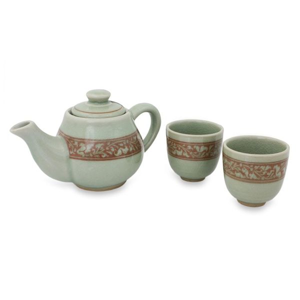 Alternate image for Artisan Crafted Green and Brown Celadon Tea Set Set for 2 Lanna Enchanted