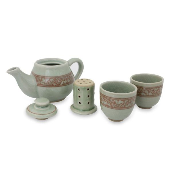 Alternate image for Artisan Crafted Green and Brown Celadon Tea Set Set for 2 Lanna Enchanted