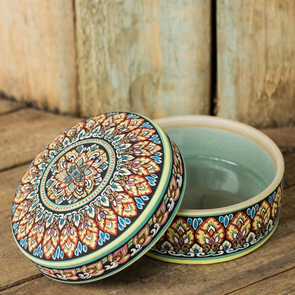 Intricately Painted Round Ceramic Jewelry Box with Lid 'Thai Royale'