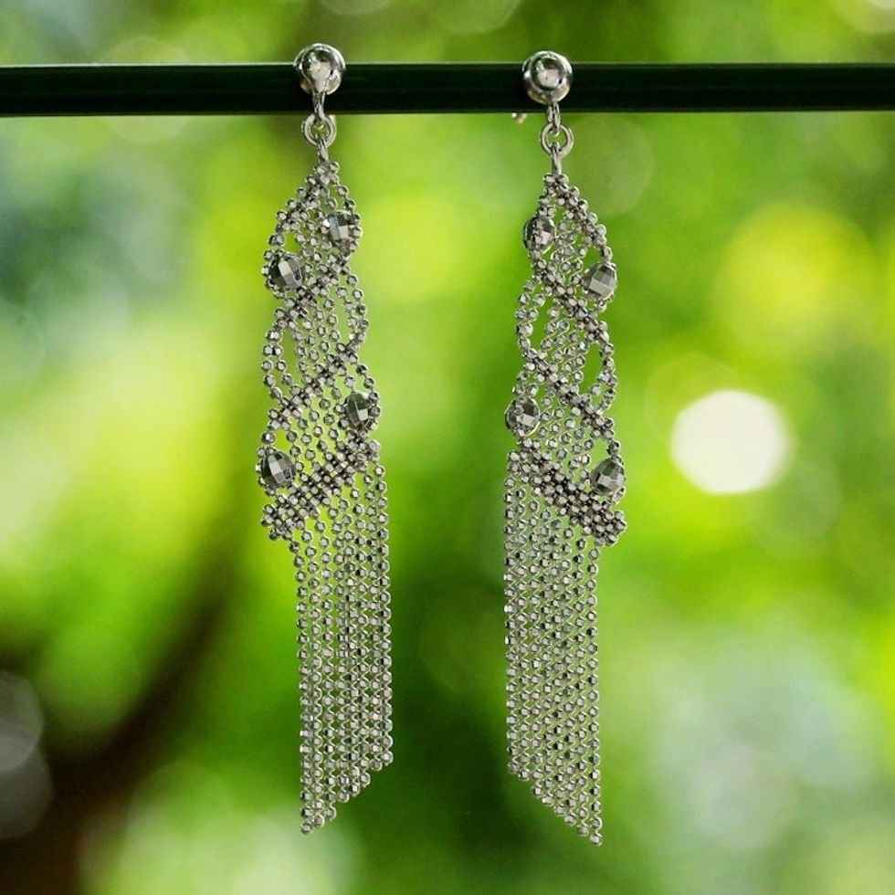 Sterling Silver Ball Chain Chandelier Earrings from Thailand 'Waterfall Fringe'