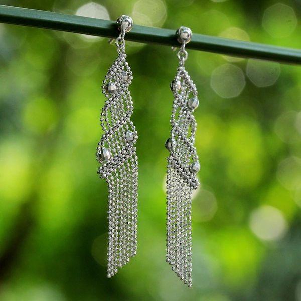 Alternate image for Sterling Silver Ball Chain Chandelier Earrings from Thailand Waterfall Fringe
