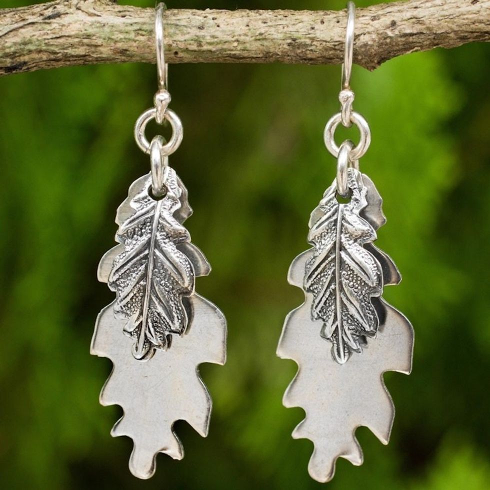 Double 925 Sterling Silver Oak Leaf Artisan Crafted Earrings 'Oak Leaf Shadow'